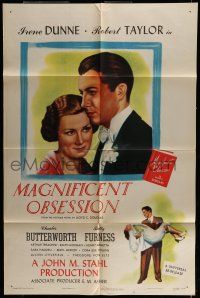 6t483 MAGNIFICENT OBSESSION 1sh R47 great romantic art image of Irene Dunne & Robert Taylor!