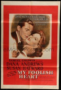 6t553 MY FOOLISH HEART 1sh '50 close up of Susan Hayward & Dana Andrews, written by J.D. Salinger!