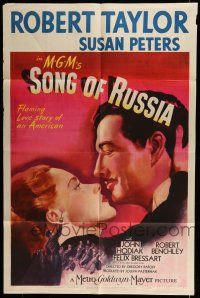 6t747 SONG OF RUSSIA 1sh '44 great romantic c/u art of Robert Taylor & Commie Susan Peters!