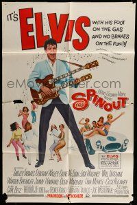 6t758 SPINOUT 1sh '66 Elvis playing a double-necked guitar, foot on the gas & no brakes on fun!
