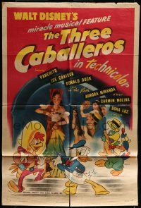 6t812 THREE CABALLEROS 1sh '44 Disney, cartoon art of Donald Duck, Panchito & Joe Carioca!