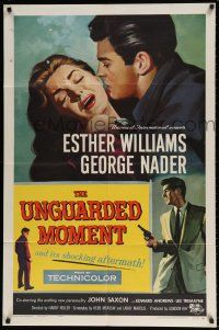 6t880 UNGUARDED MOMENT 1sh '56 close up art of teacher Esther Williams threatened by John Saxon!