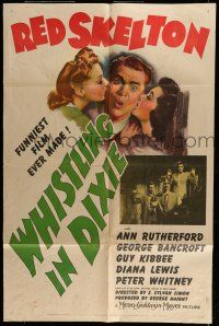 6t937 WHISTLING IN DIXIE style C 1sh '42 art of Red Skelton between Ann Rutherford & Diana Lewis!