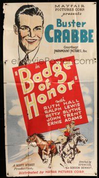 6w428 BADGE OF HONOR 3sh '34 great artwork of Buster Crabbe smiling c/u & rescuing girl on horse!