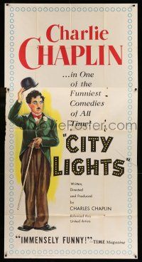 6w458 CITY LIGHTS 3sh R50 full-length artwork of Charlie Chaplin as the Tramp!