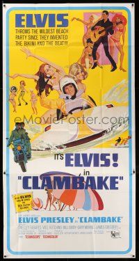 6w459 CLAMBAKE 3sh '67 McGinnis art of Elvis Presley in speed boat with sexy babes, rock & roll!