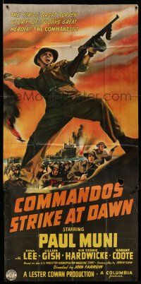 6w466 COMMANDOS STRIKE AT DAWN 3sh '42 art of World War II hero Paul Muni with gun & grenade!