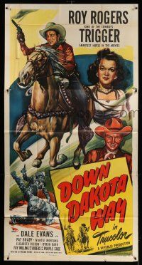 6w489 DOWN DAKOTA WAY 3sh '49 great art of Roy Rogers King of the Cowboys, Trigger & Dale Evans!