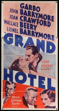 6w521 GRAND HOTEL 3sh R50s Greta Garbo, Joan Crawford, Wallace Beery, John & Lionel Barrymore!