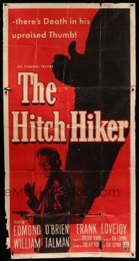 6w538 HITCH-HIKER 3sh '53 different film noir image of man with upraised thumb & shadow!