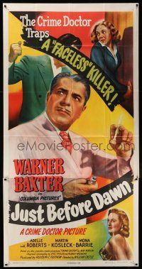 6w555 JUST BEFORE DAWN 3sh '46 Warner Baxter as The Crime Doctor traps a faceless killer!