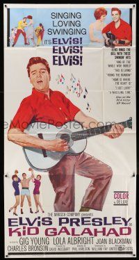 6w556 KID GALAHAD 3sh '62 art of Elvis Presley singing with guitar, boxing & romancing!