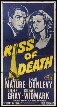 6w558 KISS OF DEATH 3sh R53 cool art of Victor Mature & Coleen Gray, film noir classic!