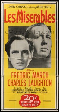 6w566 LES MISERABLES 3sh R46 Fredric March, Charles Laughton, from the novel by Victor Hugo!