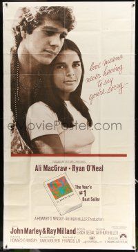 6w573 LOVE STORY 3sh '70 romantic close up of Ali MacGraw & Ryan O'Neal, classic tagline!