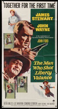 6w583 MAN WHO SHOT LIBERTY VALANCE 3sh '62 John Wayne & James Stewart, John Ford classic!