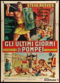 6w856 LAST DAYS OF POMPEII Italian 1p '59 cool art of mighty Steve Reeves with shield & spear!