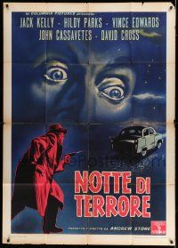 6w894 NIGHT HOLDS TERROR Italian 1p '56 different art of eyes looming over man w/ gun chasing car!