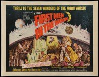 6y155 FIRST MEN IN THE MOON 1/2sh '64 Ray Harryhausen, H.G. Wells, fantastic sci-fi artwork!