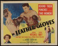 6y257 LEATHER GLOVES style B 1/2sh '48 boxing Cameron Mitchell takes a swing, holds Virginia Grey!