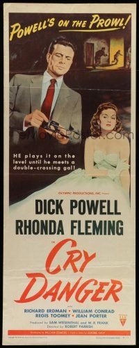 6y502 CRY DANGER insert '51 great film noir art of Dick Powell loading gun + sexy Rhonda Fleming!