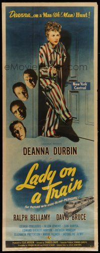 6y621 LADY ON A TRAIN insert '45 detective Deanna Durbin in pajamas with revolver on a manhunt!