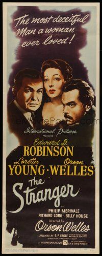 6y766 STRANGER insert '46 cool close up art of Orson Welles, Edward G. Robinson & Loretta Young!