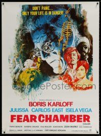 6z029 FEAR CHAMBER export Eng Mexican poster '73 cool close-up artwork of Boris Karloff, horror!
