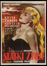 6z575 LA DOLCE VITA Yugoslavian 19x27 '60 Federico Fellini, incredible art of sexy Anita Ekberg!