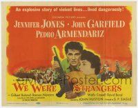 7a811 WE WERE STRANGERS TC '49 Jennifer Jones & John Garfield with gun, directed by John Huston!