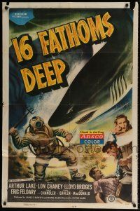 7b007 16 FATHOMS DEEP 1sh '48 Lon Chaney Jr, great dramatic art of deep sea diver vs killer shark