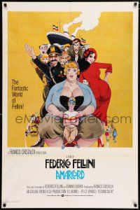 7b017 AMARCORD int'l 1sh '74 Federico Fellini classic comedy, art by Giuliano Geleng!