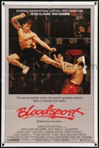 7b117 BLOODSPORT 1sh '88 cool image of Jean Claude Van Damme kicking Bolo Yeung in his huge pecs!