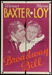7b137 BROADWAY BILL Leader Press 1sh '34 Frank Capra, wonderful art of Warner Baxter & Myrna Loy!