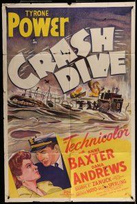 7b180 CRASH DIVE int'l 1sh '43 stone litho of Tyrone Power & Anne Baxter + burning submarine!