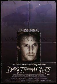 7b190 DANCES WITH WOLVES DS 1sh '90 close portrait of Kevin Costner & running buffalo!