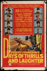 7b193 DAYS OF THRILLS & LAUGHTER 1sh '61 Charlie Chaplin, Laurel & Hardy, cool train chase art!