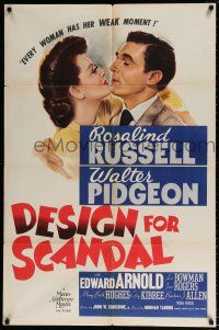 7b200 DESIGN FOR SCANDAL 1sh '41 artwork of Walter Pidgeon about to kiss Rosalind Russell!