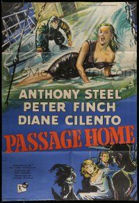 7b609 PASSAGE HOME English 1sh '55 great art of storm at sea & sexy Diane Cilento!