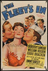 7b257 FLEET'S IN 1sh '42 great art of Dorothy Lamour smooched by sailors Holden & Bracken!