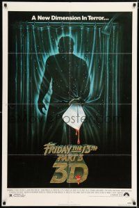 7b270 FRIDAY THE 13th PART 3 - 3D 1sh '82 slasher sequel, art of Jason stabbing through shower!