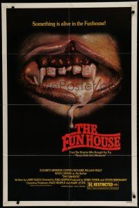 7b275 FUNHOUSE 1sh '81 Tobe Hooper, creepy carnival clown jack-in-the-box with axe horror image!