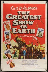 7b316 GREATEST SHOW ON EARTH 1sh '52 best image of James Stewart, Betty Hutton & Emmett Kelly!
