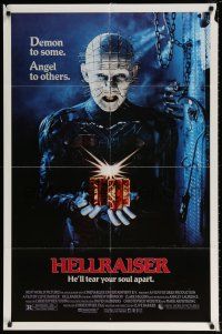 7b349 HELLRAISER 1sh '87 Clive Barker horror, great image of Pinhead, he'll tear your soul apart!