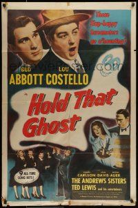 7b374 HOLD THAT GHOST 1sh R48 great artwork of scared Bud Abbott & Lou Costello, plus sexy babes!