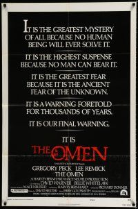 7b575 OMEN style E 1sh '76 Gregory Peck, Lee Remick, Satanic horror, you have been warned!