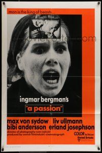 7b610 PASSION int'l 1sh '70 Ingmar Bergman's En Passion, close-up of terrified Liv Ullmann!