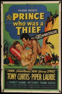 7b636 PRINCE WHO WAS A THIEF 1sh '51 romantic art of Tony Curtis & pretty Piper Laurie!