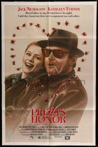 7b638 PRIZZI'S HONOR 1sh '85 smoking Jack Nicholson & Kathleen Turner w/bullet holes!