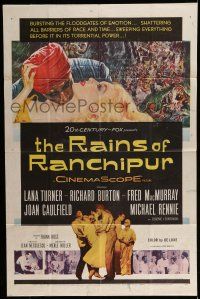7b665 RAINS OF RANCHIPUR 1sh '55 Lana Turner, Richard Burton, rains couldn't wash their sin away!